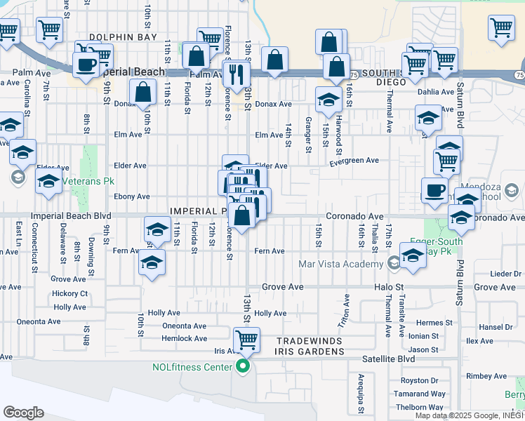 map of restaurants, bars, coffee shops, grocery stores, and more near in Imperial Beach