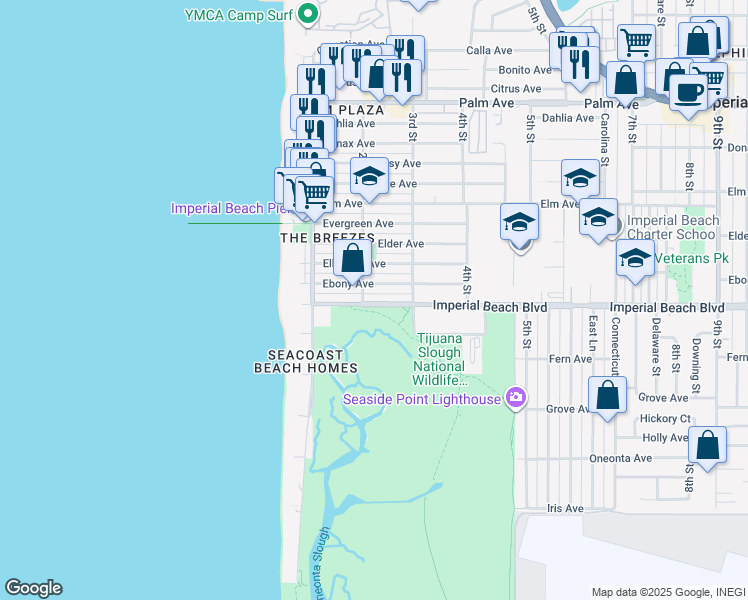map of restaurants, bars, coffee shops, grocery stores, and more near 228 Imperial Beach Boulevard in Imperial Beach