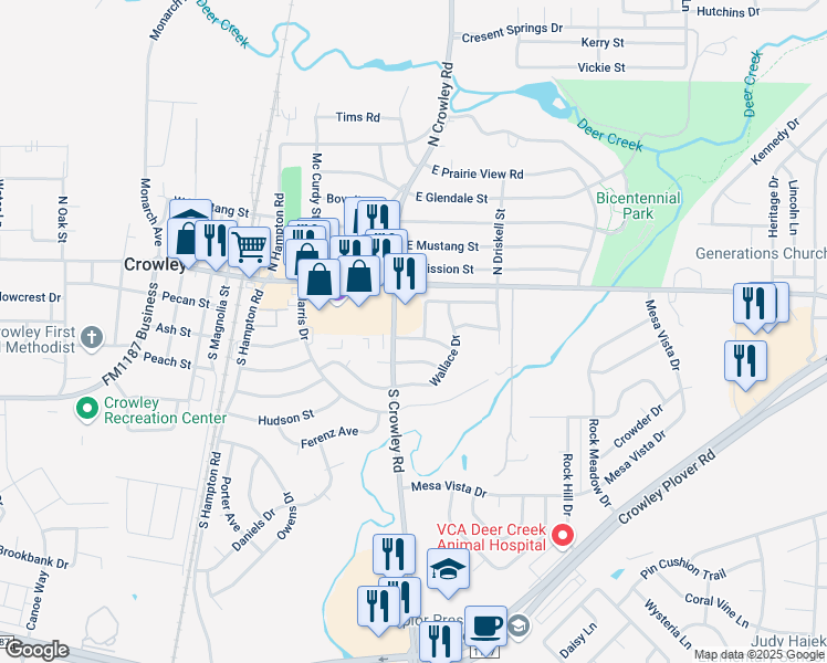 map of restaurants, bars, coffee shops, grocery stores, and more near 501 Kemper Avenue in Crowley