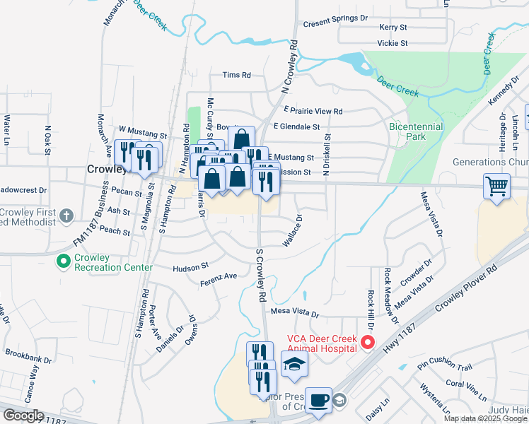 map of restaurants, bars, coffee shops, grocery stores, and more near 501 Kemper Avenue in Crowley