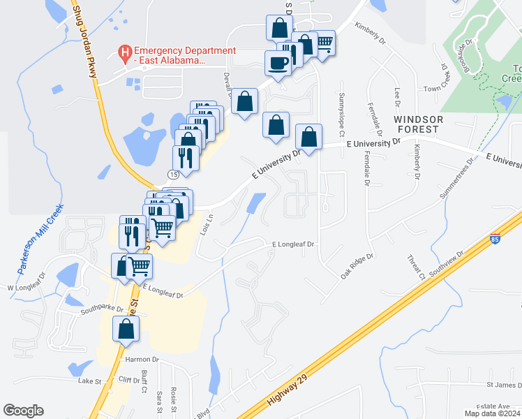 map of restaurants, bars, coffee shops, grocery stores, and more near 164 East University Drive in Auburn