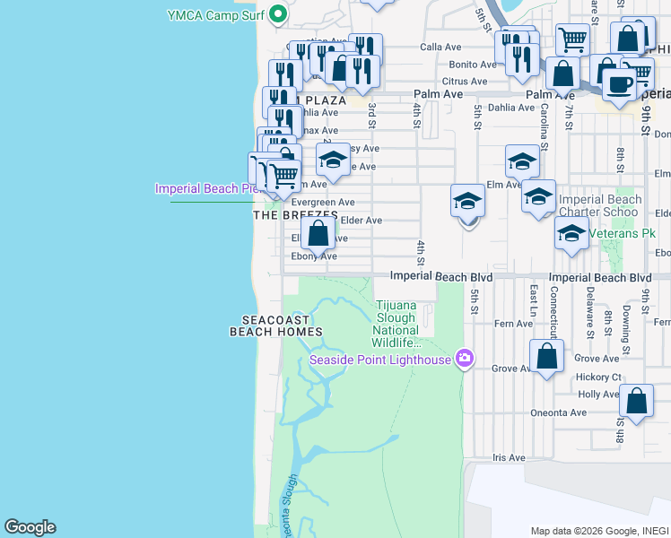 map of restaurants, bars, coffee shops, grocery stores, and more near 214 Imperial Beach Boulevard in Imperial Beach