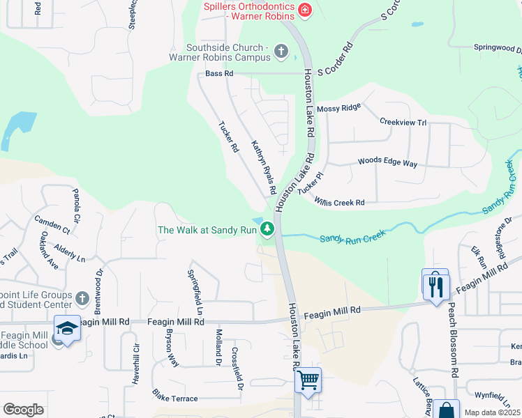 map of restaurants, bars, coffee shops, grocery stores, and more near 233 Tucker Road in Warner Robins