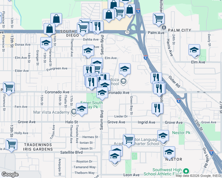 map of restaurants, bars, coffee shops, grocery stores, and more near 1080 Raedel Drive in San Diego