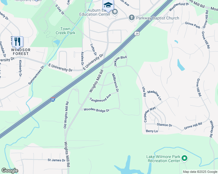 map of restaurants, bars, coffee shops, grocery stores, and more near 1537 Millbranch Drive in Auburn