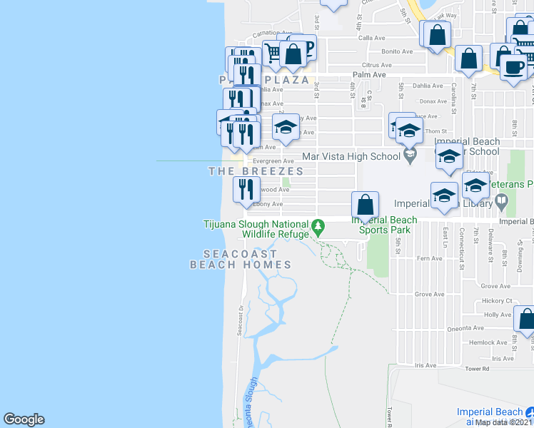 map of restaurants, bars, coffee shops, grocery stores, and more near 162 Imperial Beach Boulevard in Imperial Beach
