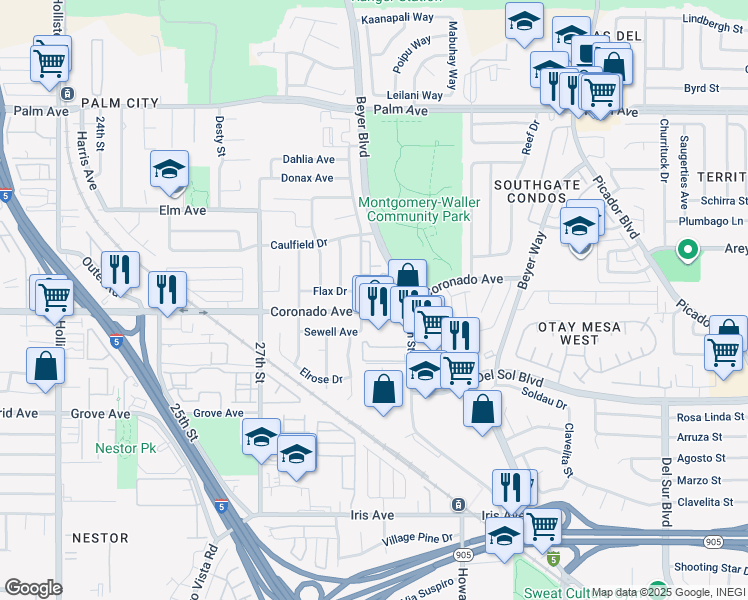 map of restaurants, bars, coffee shops, grocery stores, and more near 2930 Coronado Avenue in San Diego
