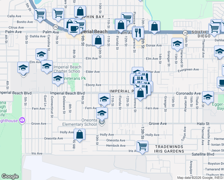map of restaurants, bars, coffee shops, grocery stores, and more near 1120 Imperial Beach Boulevard in Imperial Beach