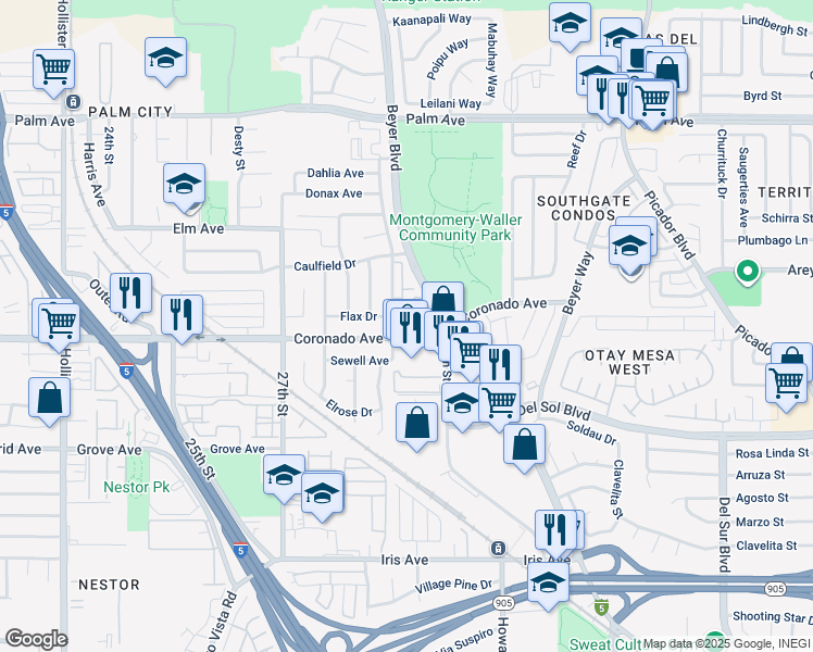 map of restaurants, bars, coffee shops, grocery stores, and more near 2930 Coronado Avenue in San Diego