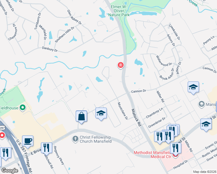 map of restaurants, bars, coffee shops, grocery stores, and more near 908 Walnut Falls Circle in Mansfield