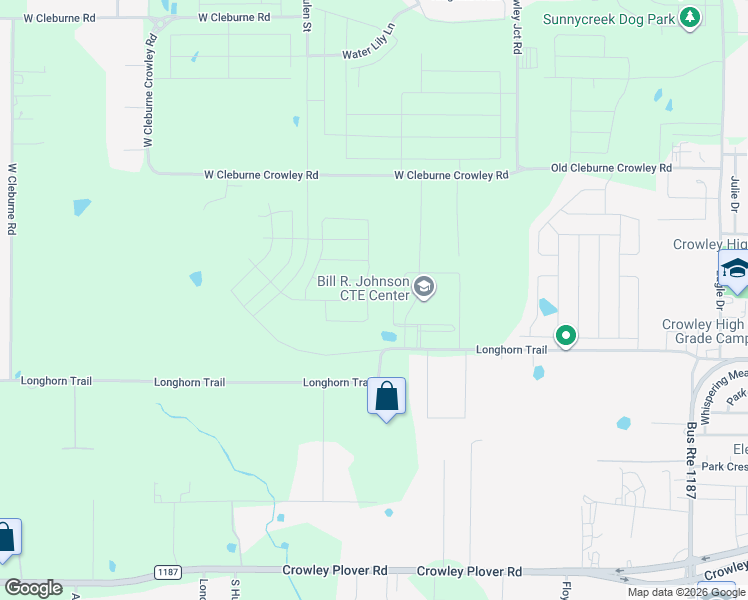 map of restaurants, bars, coffee shops, grocery stores, and more near 1950 Longhorn Trail in Crowley