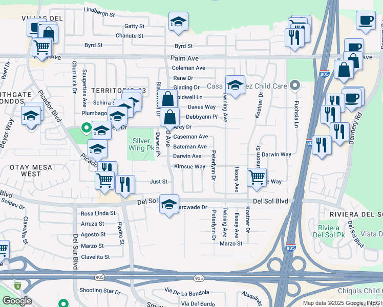 map of restaurants, bars, coffee shops, grocery stores, and more near 4006 Darwin Avenue in San Diego