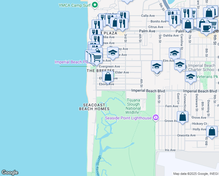 map of restaurants, bars, coffee shops, grocery stores, and more near 162 Imperial Beach Boulevard in Imperial Beach