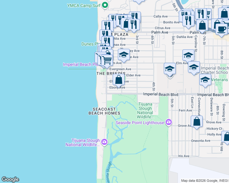 map of restaurants, bars, coffee shops, grocery stores, and more near 162 Imperial Beach Boulevard in Imperial Beach