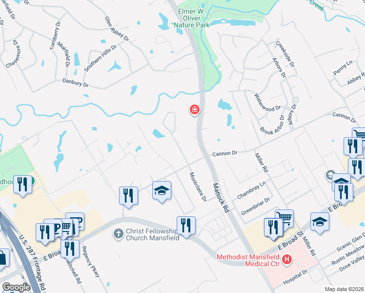 map of restaurants, bars, coffee shops, grocery stores, and more near 908 Walnut Falls Circle in Mansfield