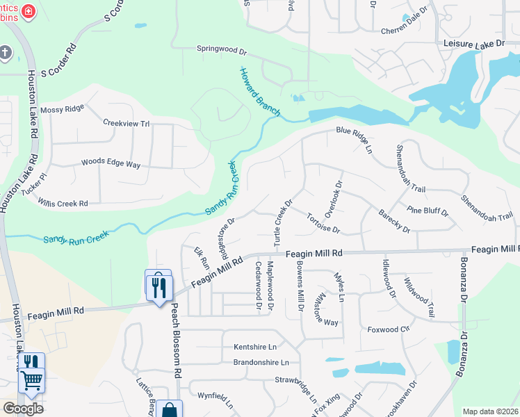 map of restaurants, bars, coffee shops, grocery stores, and more near 106 Pine Hollow Dr in Warner Robins