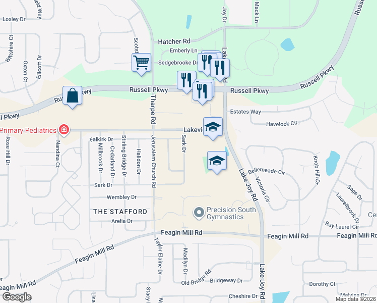 map of restaurants, bars, coffee shops, grocery stores, and more near 713 Sark Drive in Warner Robins