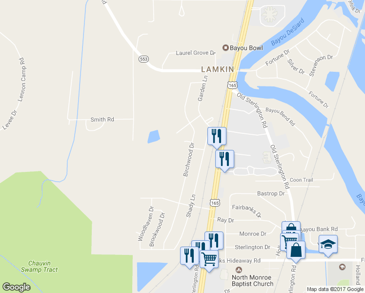 map of restaurants, bars, coffee shops, grocery stores, and more near 81 Peachtree Dr in Monroe