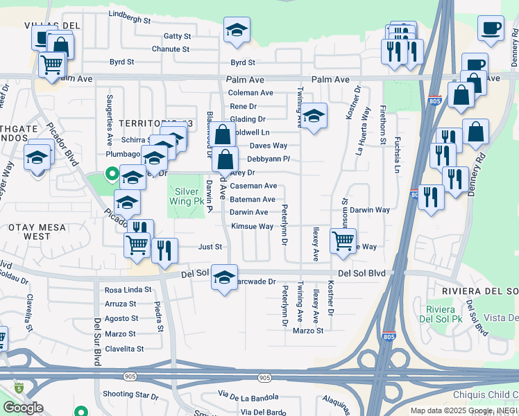 map of restaurants, bars, coffee shops, grocery stores, and more near 4006 Darwin Avenue in San Diego