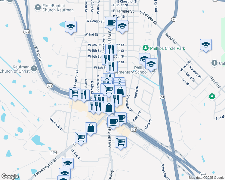 map of restaurants, bars, coffee shops, grocery stores, and more near 1901B South Washington Street in Kaufman