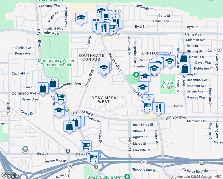 map of restaurants, bars, coffee shops, grocery stores, and more near 1011 Beyer Way in San Diego