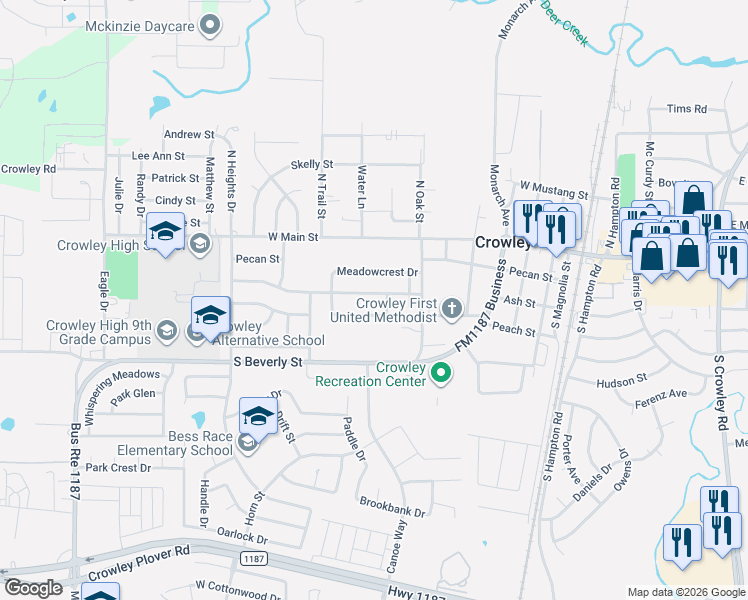 map of restaurants, bars, coffee shops, grocery stores, and more near 705 Meadowview Drive in Crowley