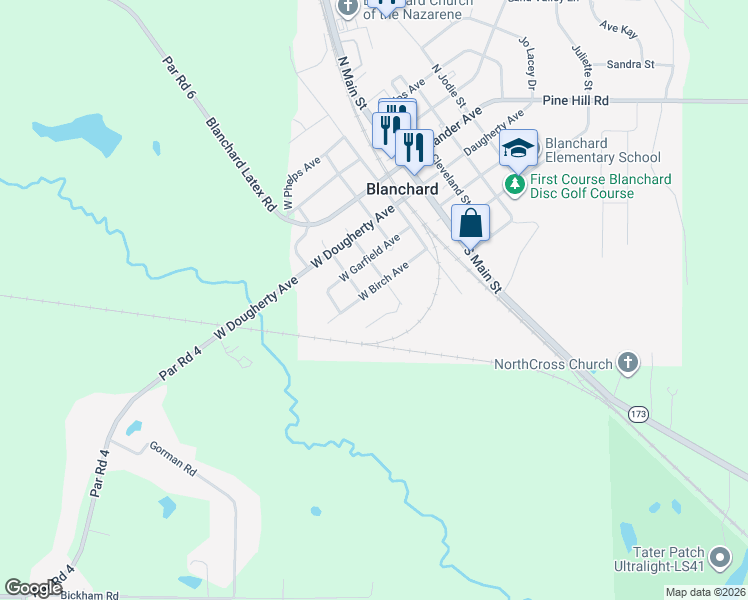 map of restaurants, bars, coffee shops, grocery stores, and more near 343 West Birch Avenue in Blanchard