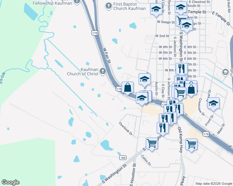 map of restaurants, bars, coffee shops, grocery stores, and more near 21 Oak Creek Drive in Kaufman