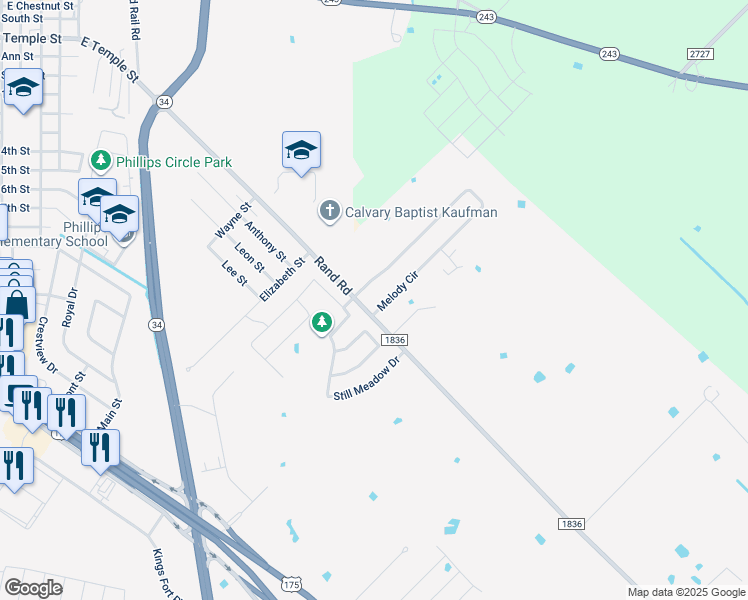 map of restaurants, bars, coffee shops, grocery stores, and more near 1901 Rand Road in Kaufman