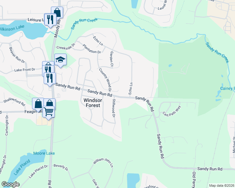 map of restaurants, bars, coffee shops, grocery stores, and more near 108 Countrywood Trail in Warner Robins