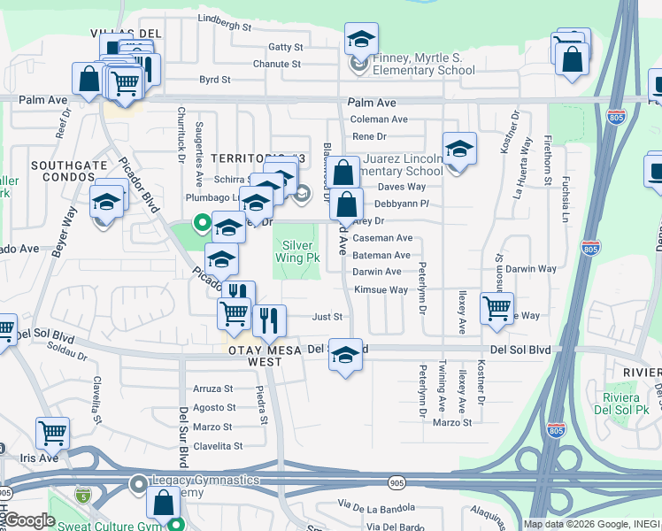 map of restaurants, bars, coffee shops, grocery stores, and more near 1091 Darwin Place in San Diego