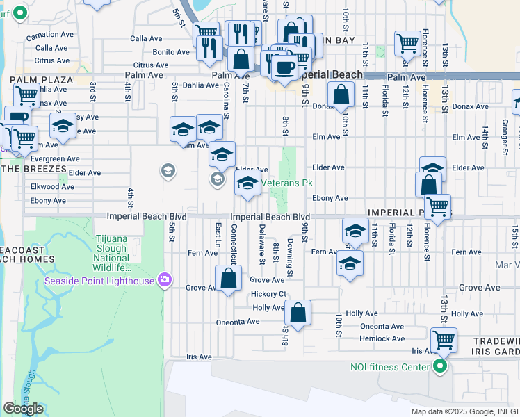 map of restaurants, bars, coffee shops, grocery stores, and more near 1085 Delaware Street in Imperial Beach