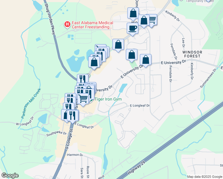 map of restaurants, bars, coffee shops, grocery stores, and more near 144 East University Drive in Auburn