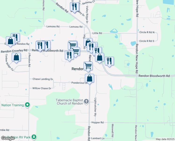 map of restaurants, bars, coffee shops, grocery stores, and more near 12280 Rendon Road in Burleson
