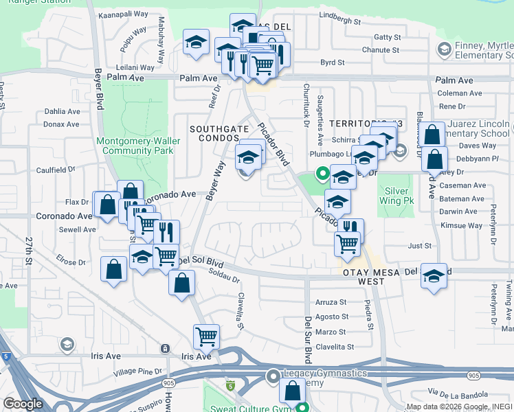 map of restaurants, bars, coffee shops, grocery stores, and more near 1011 Beyer Way in San Diego