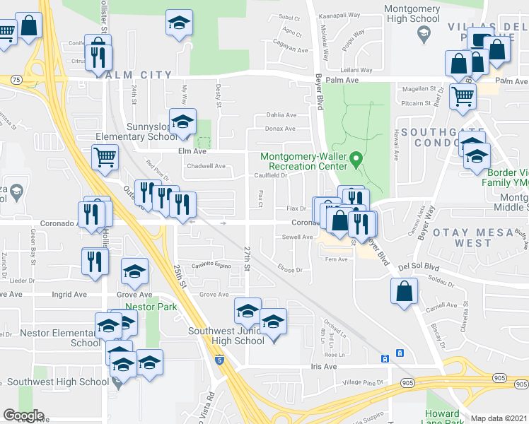 map of restaurants, bars, coffee shops, grocery stores, and more near 1087 Flax Court in San Diego