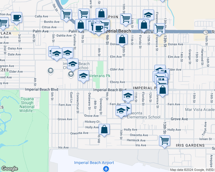 map of restaurants, bars, coffee shops, grocery stores, and more near 1059 9th Street in Imperial Beach