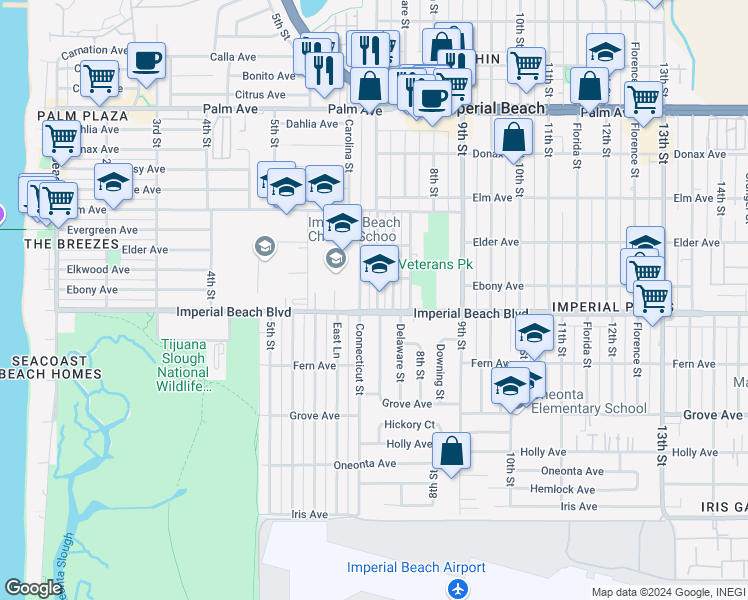 map of restaurants, bars, coffee shops, grocery stores, and more near 1087 Connecticut Street in Imperial Beach
