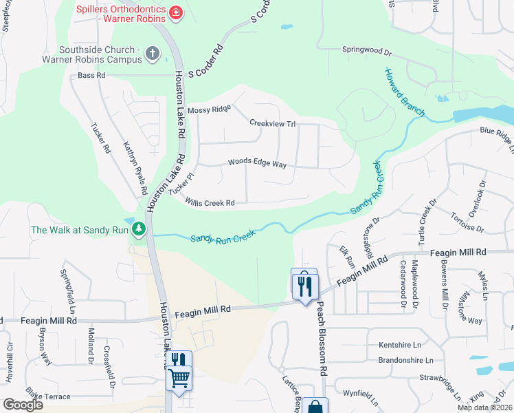 map of restaurants, bars, coffee shops, grocery stores, and more near 204 Willis Creek Road in Warner Robins