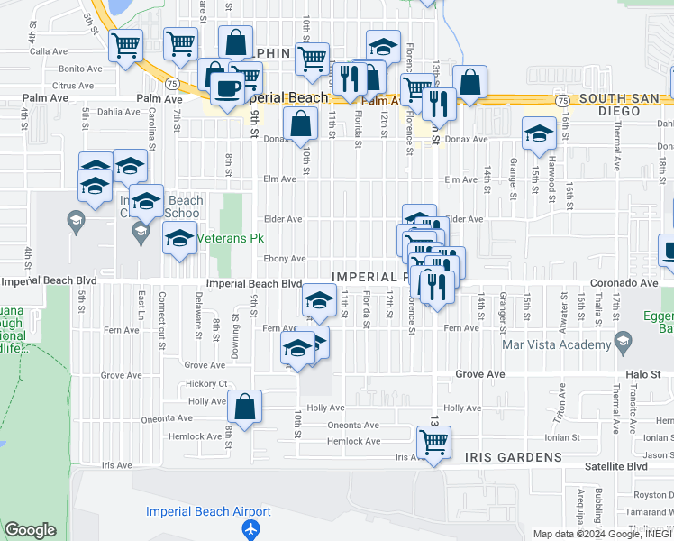 map of restaurants, bars, coffee shops, grocery stores, and more near 1061 11th Street in Imperial Beach