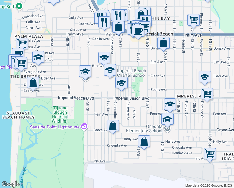 map of restaurants, bars, coffee shops, grocery stores, and more near 1087 Connecticut Street in Imperial Beach