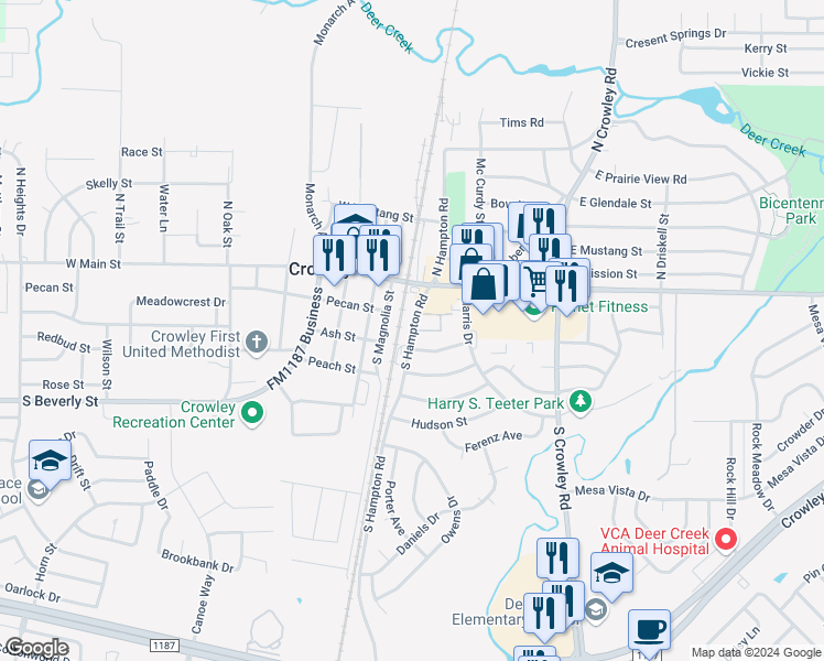 map of restaurants, bars, coffee shops, grocery stores, and more near 199 South Hampton Road in Crowley