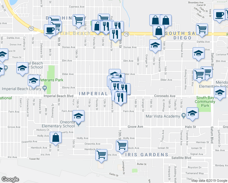 map of restaurants, bars, coffee shops, grocery stores, and more near 1256 Imperial Beach Boulevard in Imperial Beach
