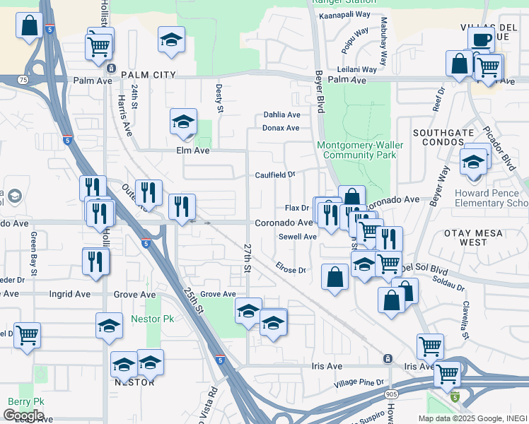map of restaurants, bars, coffee shops, grocery stores, and more near 1057 Flax Court in San Diego