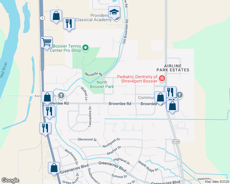 map of restaurants, bars, coffee shops, grocery stores, and more near 2516 Downs Street in Bossier City