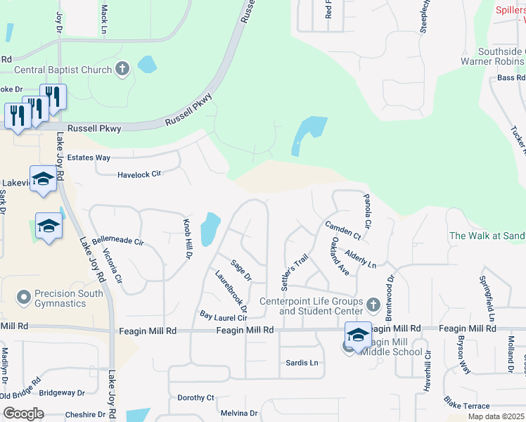 map of restaurants, bars, coffee shops, grocery stores, and more near 701 Bay Laurel Circle in Warner Robins