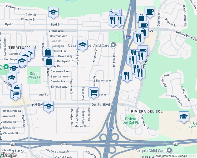 map of restaurants, bars, coffee shops, grocery stores, and more near 4292 Darwin Way in San Diego