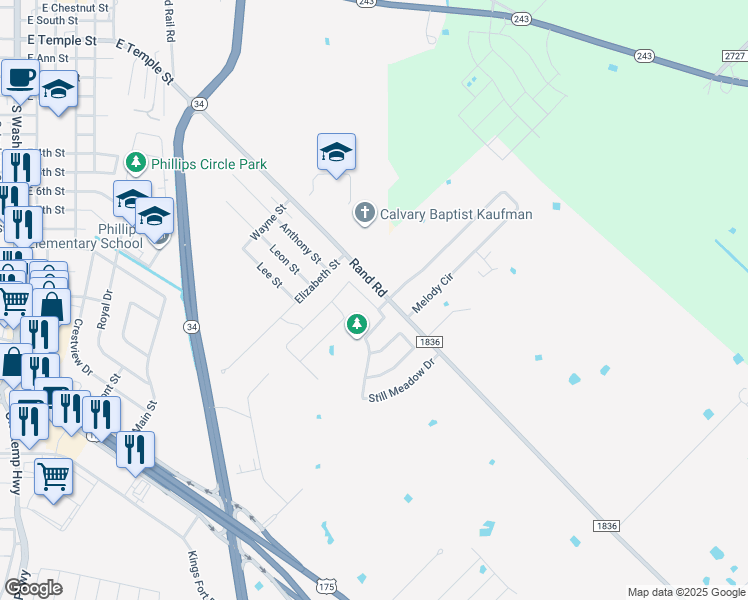 map of restaurants, bars, coffee shops, grocery stores, and more near 1901 Sandy Knoll Lane in Kaufman
