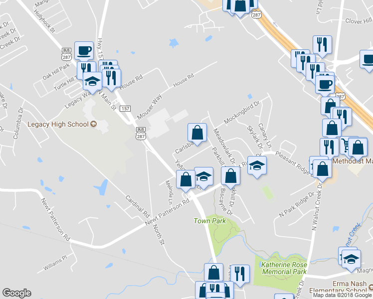 map of restaurants, bars, coffee shops, grocery stores, and more near 112 Carlsbad Drive in Mansfield