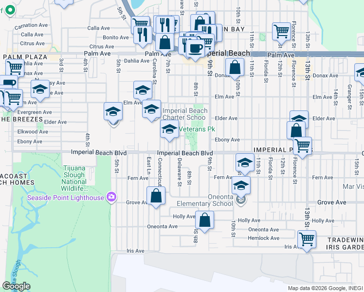 map of restaurants, bars, coffee shops, grocery stores, and more near 1085 Delaware Street in Imperial Beach